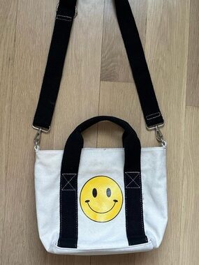 Altar’d State Canvas Smiley Tote Bag with Black Straps - White/Yellow